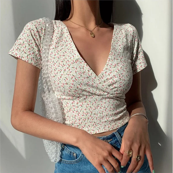 Summer French retro floral V-neck short-sleeved T-shirt