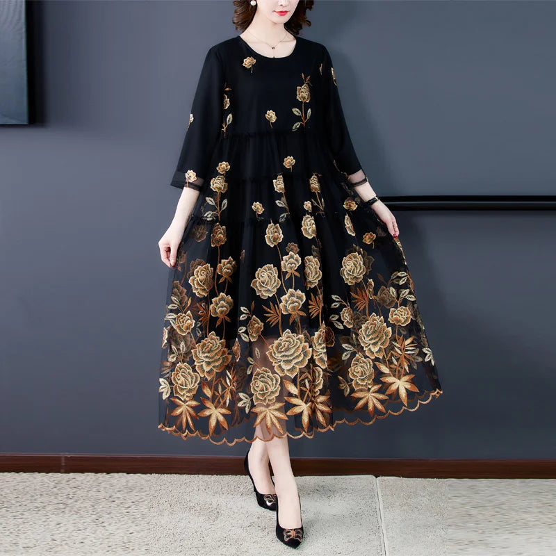 Chic Mesh Embroidered Dress 2024 Spring Autumn