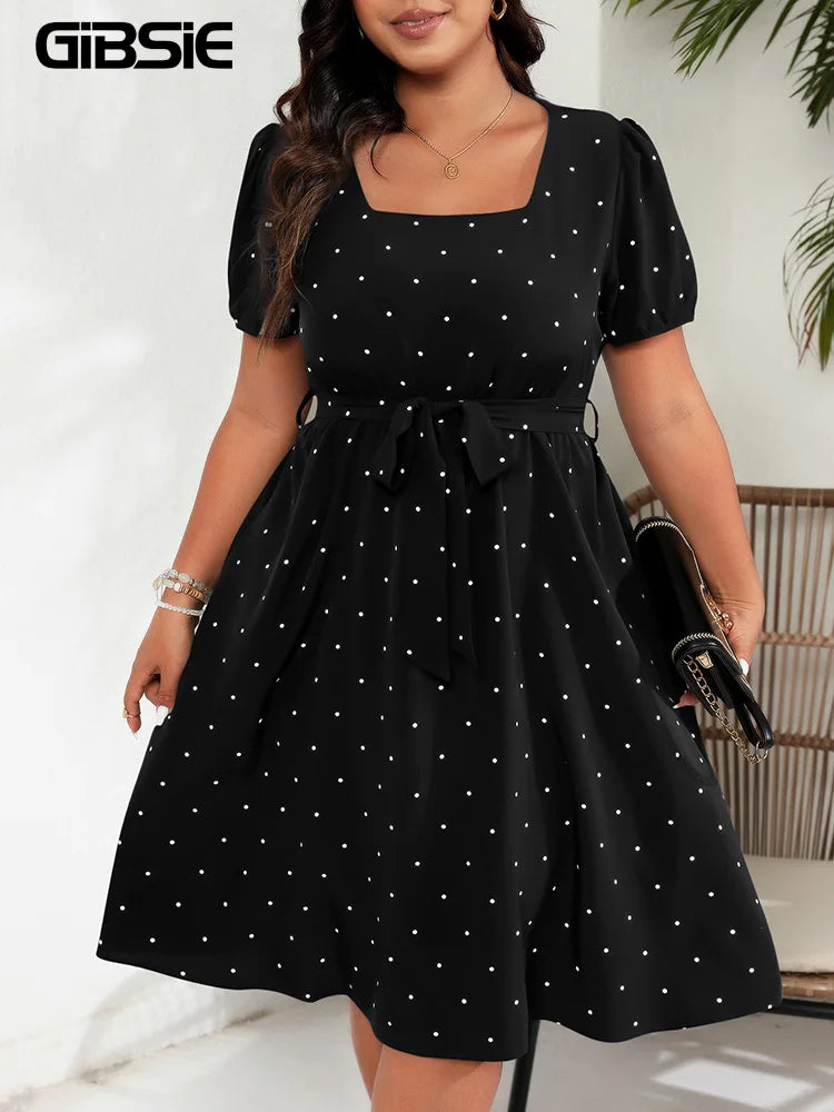 GIBSIE Plus Size Square Neck Polka Dot Belted Dress