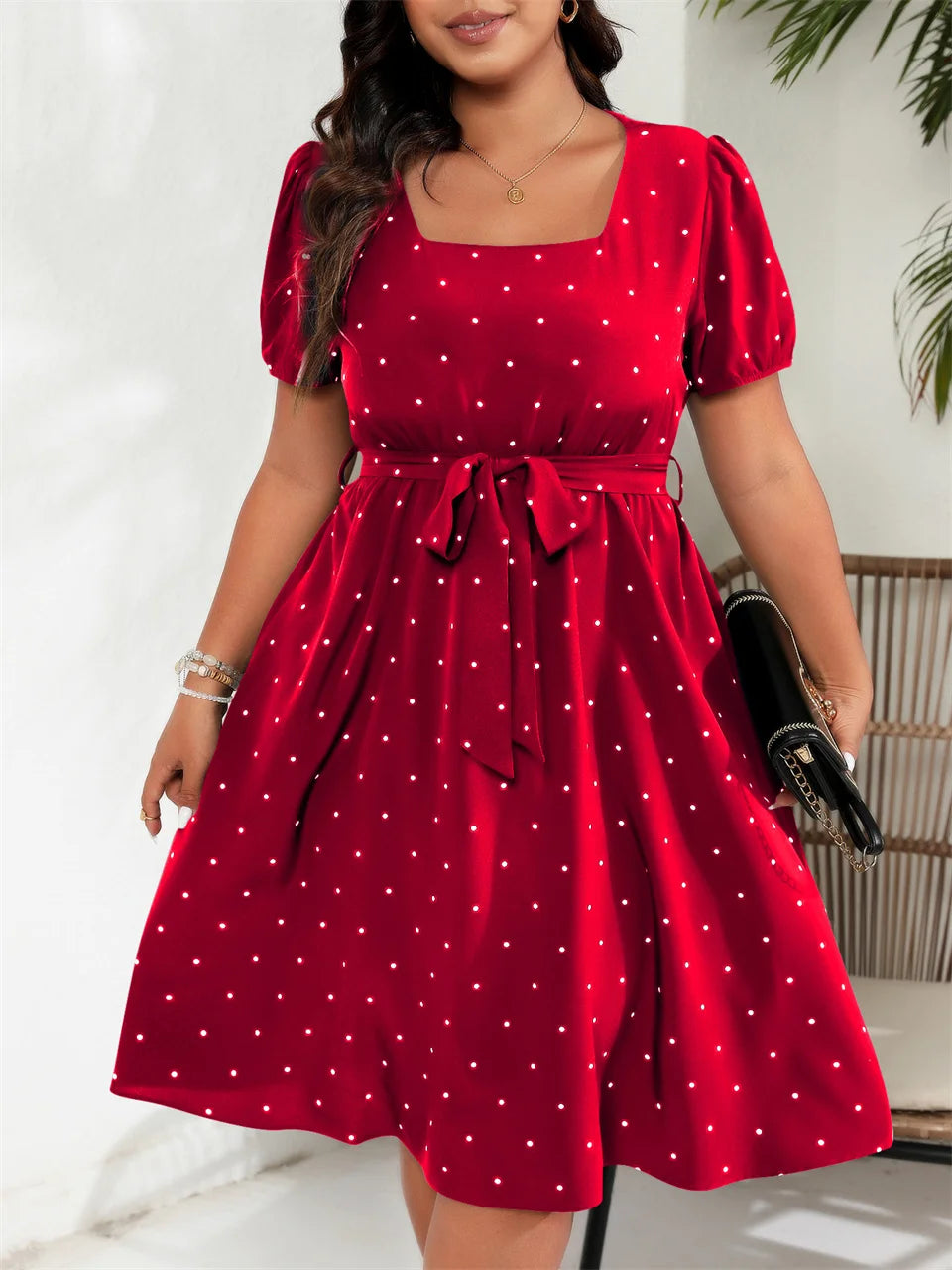 GIBSIE Plus Size Square Neck Polka Dot Belted Dress