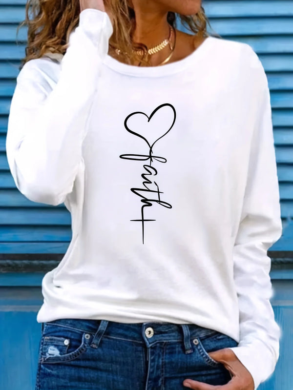 Faith Print Crew Neck T shirt Casual Long Autumn winter