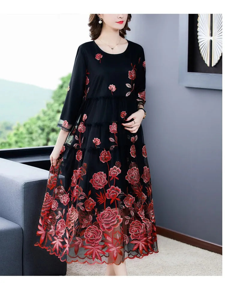 Chic Mesh Embroidered Dress 2024 Spring Autumn