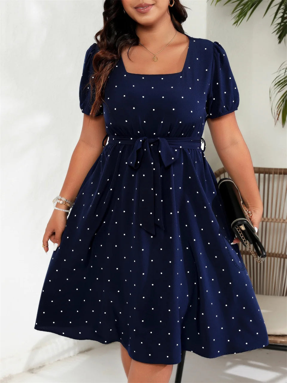 GIBSIE Plus Size Square Neck Polka Dot Belted Dress