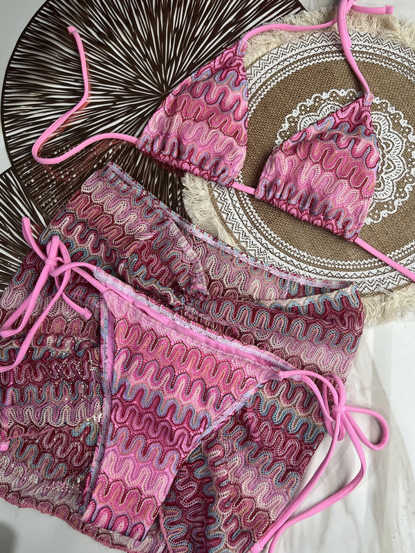 Peachtan 3 piece swimsuit bikini set pink beach swimwear 2024