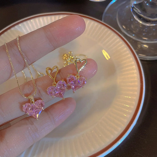 3pcs Trendy Y2k Heart-shaped Zircon Pink Crystal Pendant