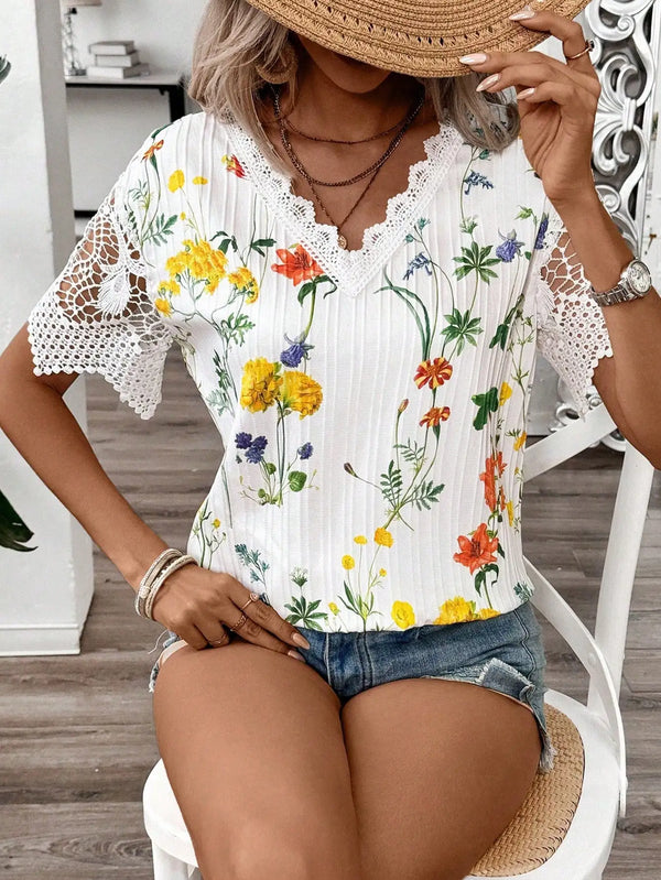 Elegant casual women's shirt V-neck short sleeve splicing