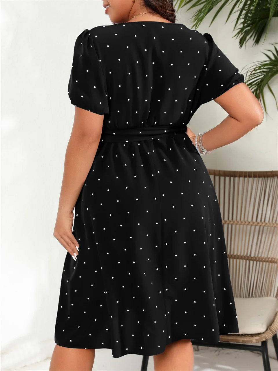 GIBSIE Plus Size Square Neck Polka Dot Belted Dress