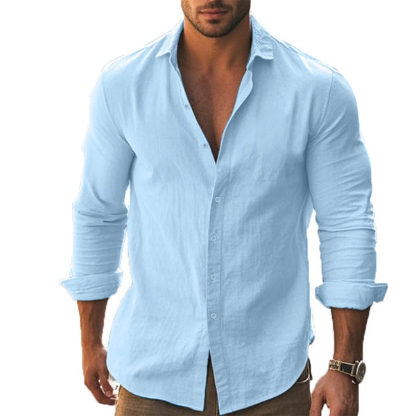 Shirt Men Cotton Linen Hawaiian Shirts Long